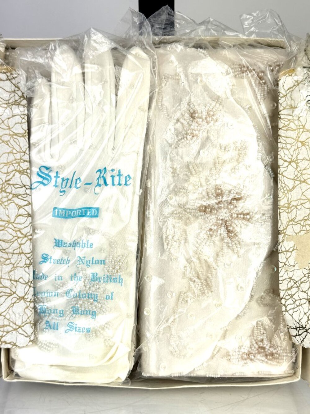 1960s Vintage Beaded Clutch and Gloves Set Style-Rite Hong Kong In Box